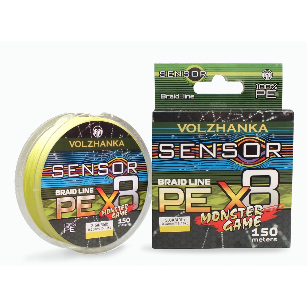 Леска плетеная Волжанка Sensor Monster Game X8 150м/0.30мм 18.18кг (#4-40Lb) цв. флуо желтый